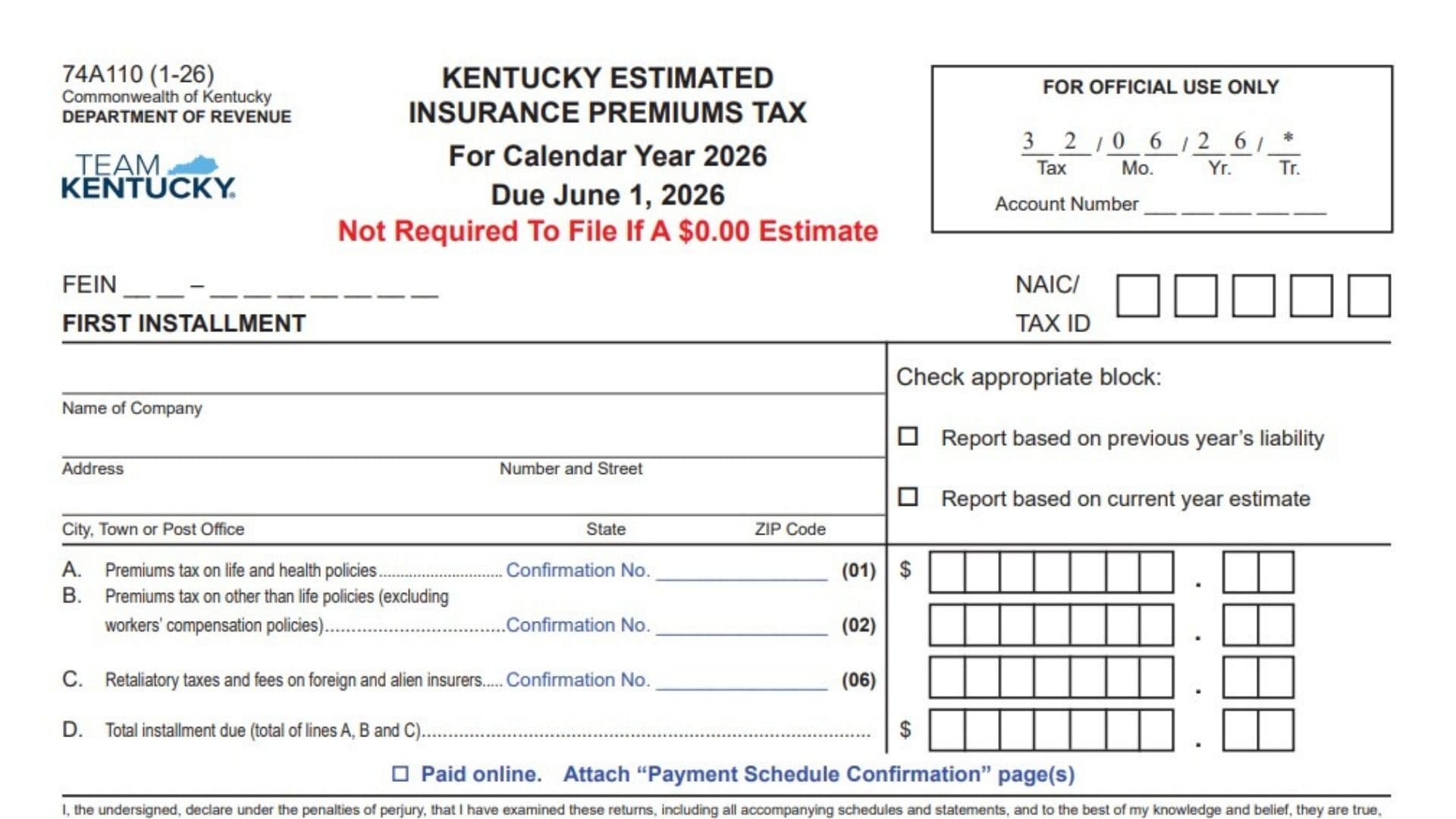 Kentucky Estimated Insurance Premiums Tax Form 74A110 1 Kentucky Estimated Insurance Premiums Tax Form 74A110