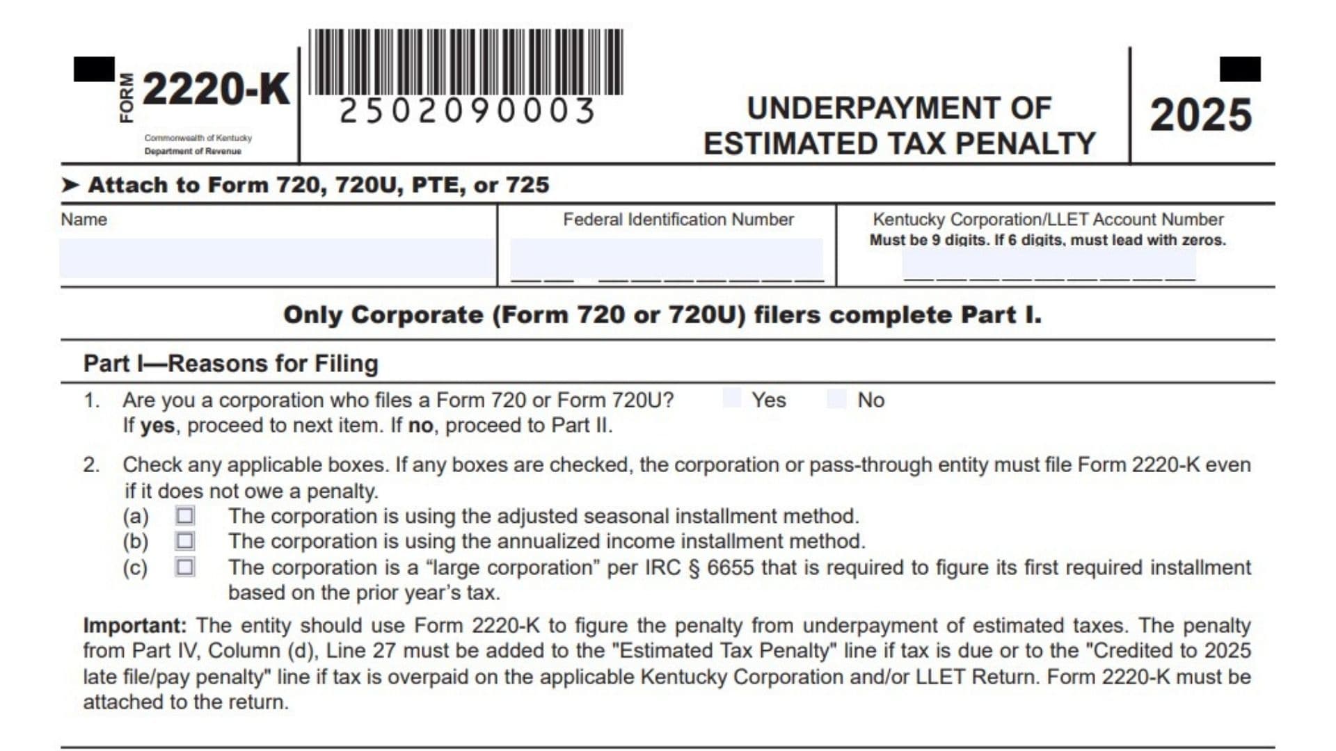 Kentucky Form 2220-K