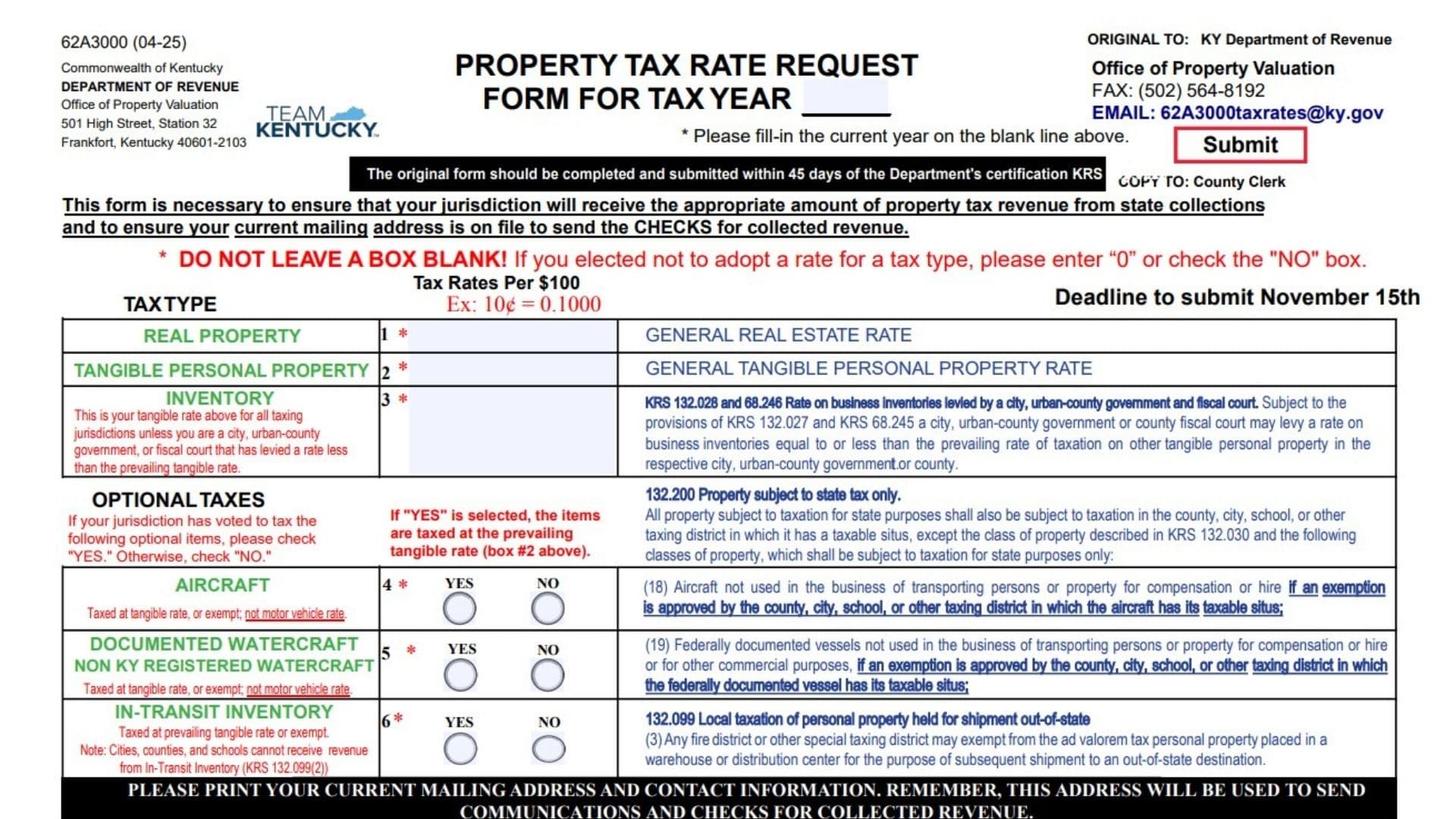 Kentucky Form 62A3000