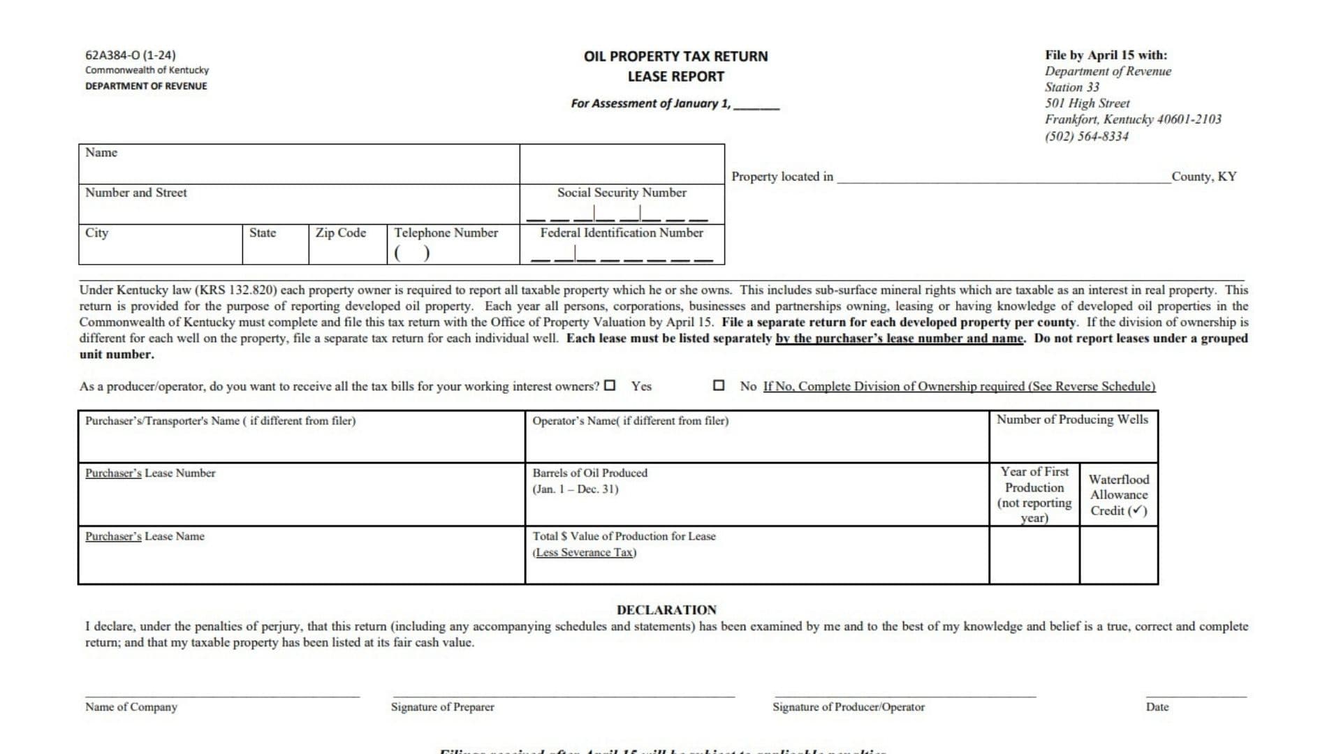 Kentucky Form 62A384-O 1 Kentucky Form 62A384-O