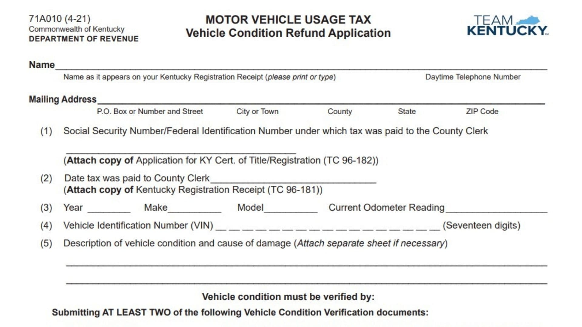 Kentucky Form 71A010 1 Kentucky Form 71A010