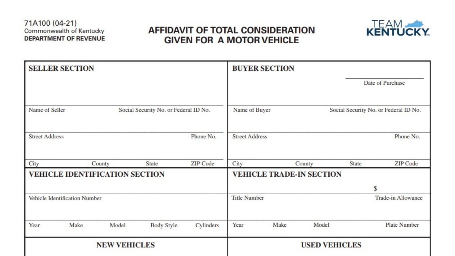 Kentucky Form 71A100 1 Kentucky Form 71A100