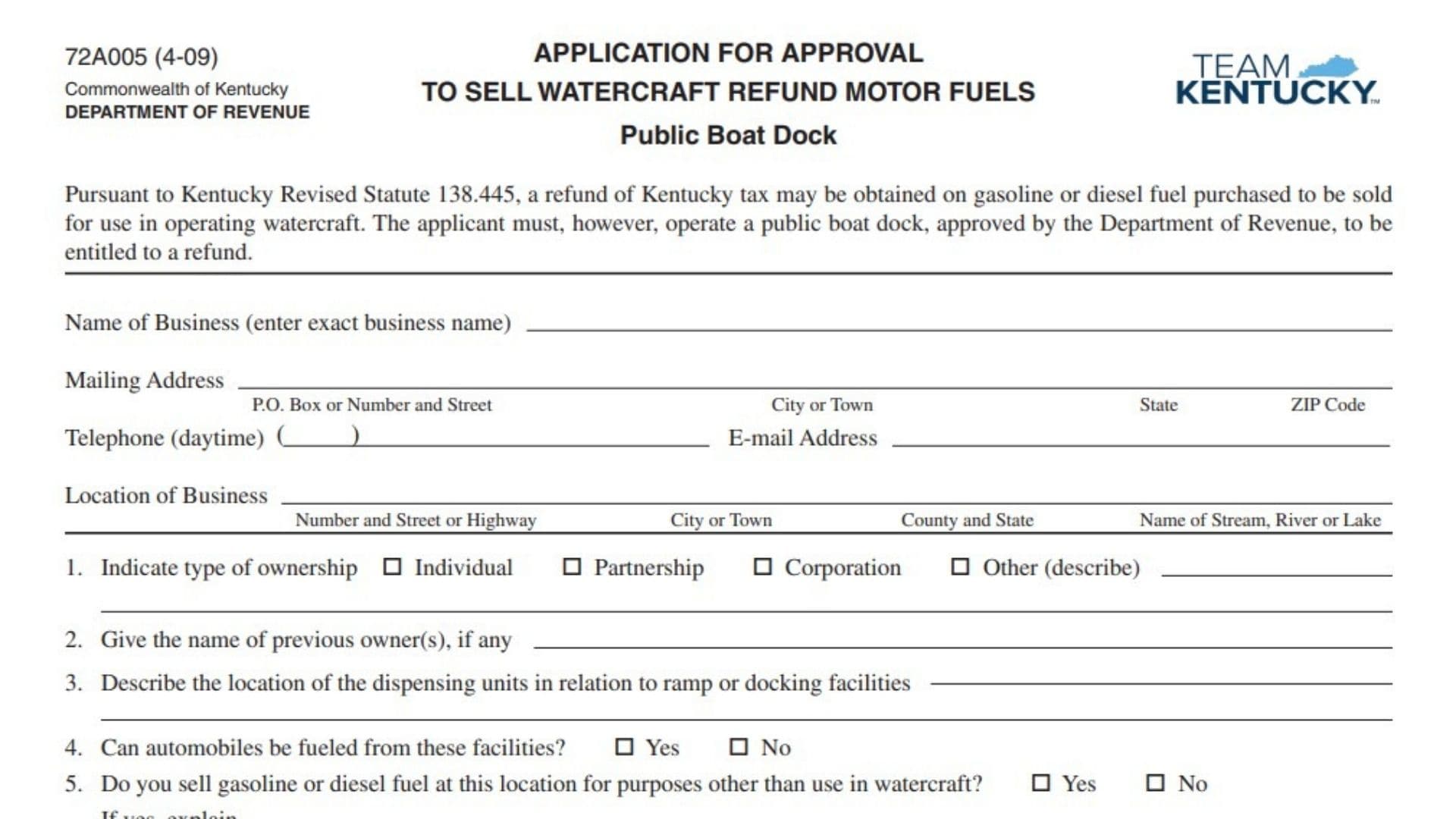 Kentucky Form 72A005 1 Kentucky Form 72A005
