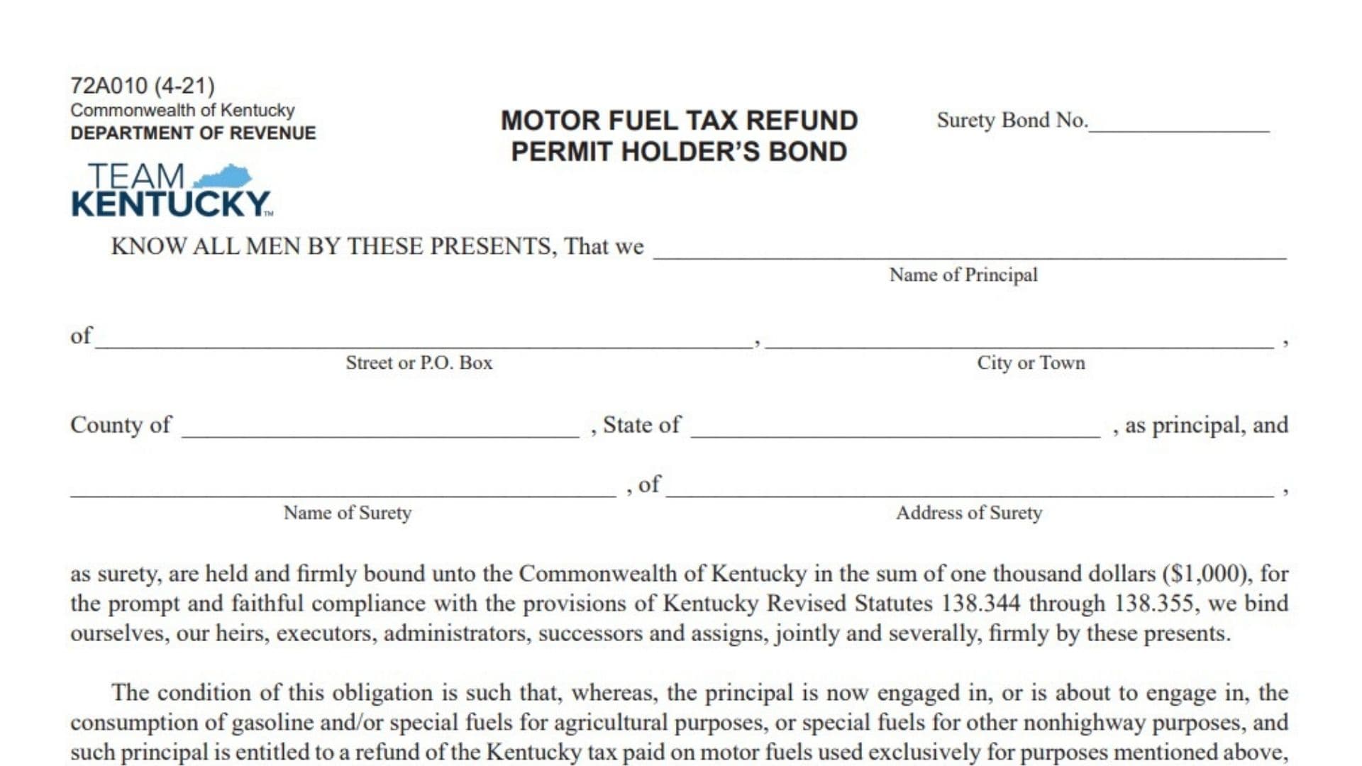 Kentucky Form 72A010 1 Kentucky Form 72A010