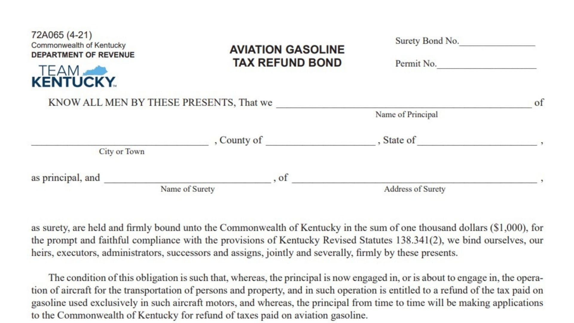 Kentucky Form 72A065 1 Kentucky Form 72A065