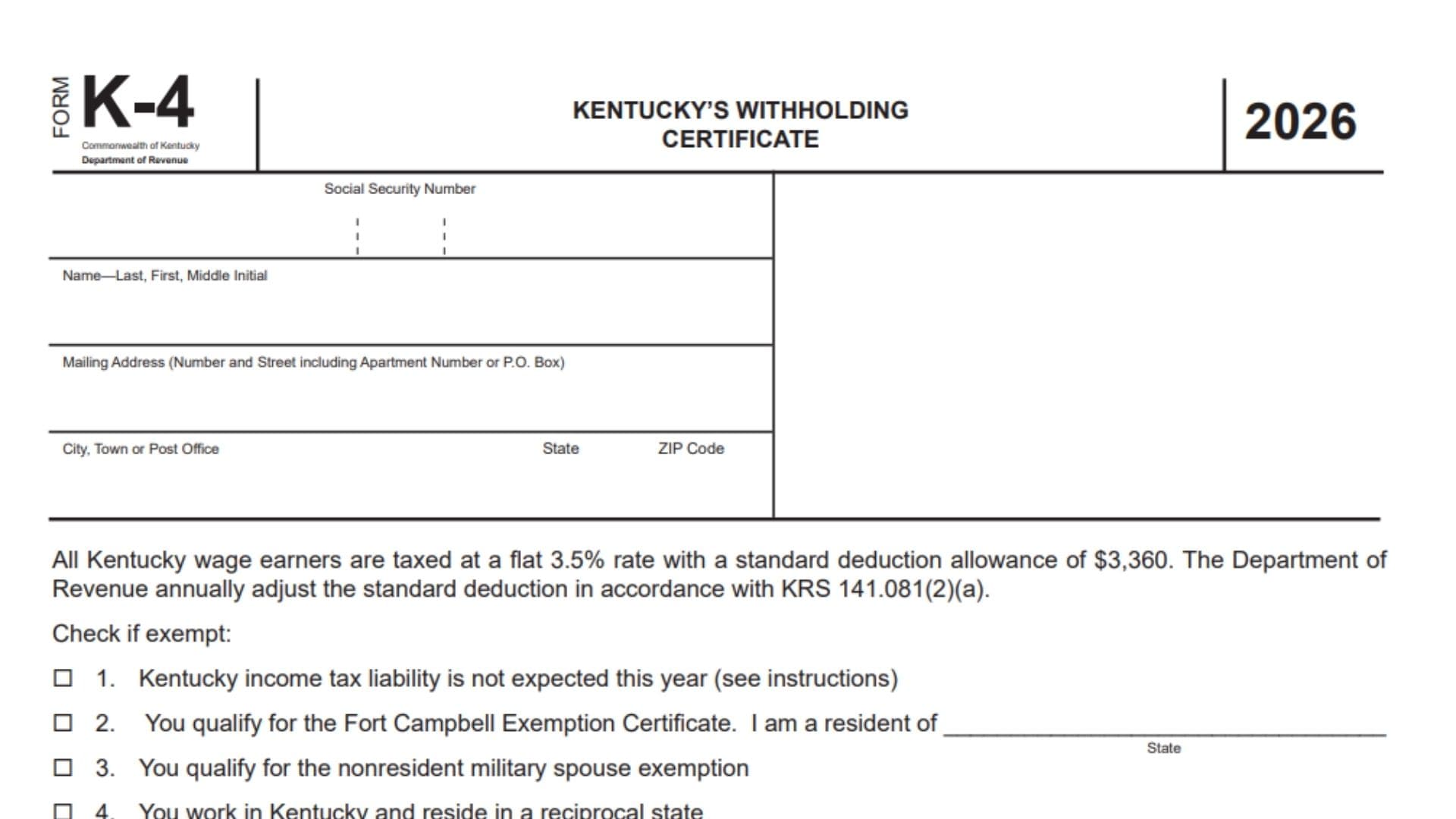 Kentucky Form K-4