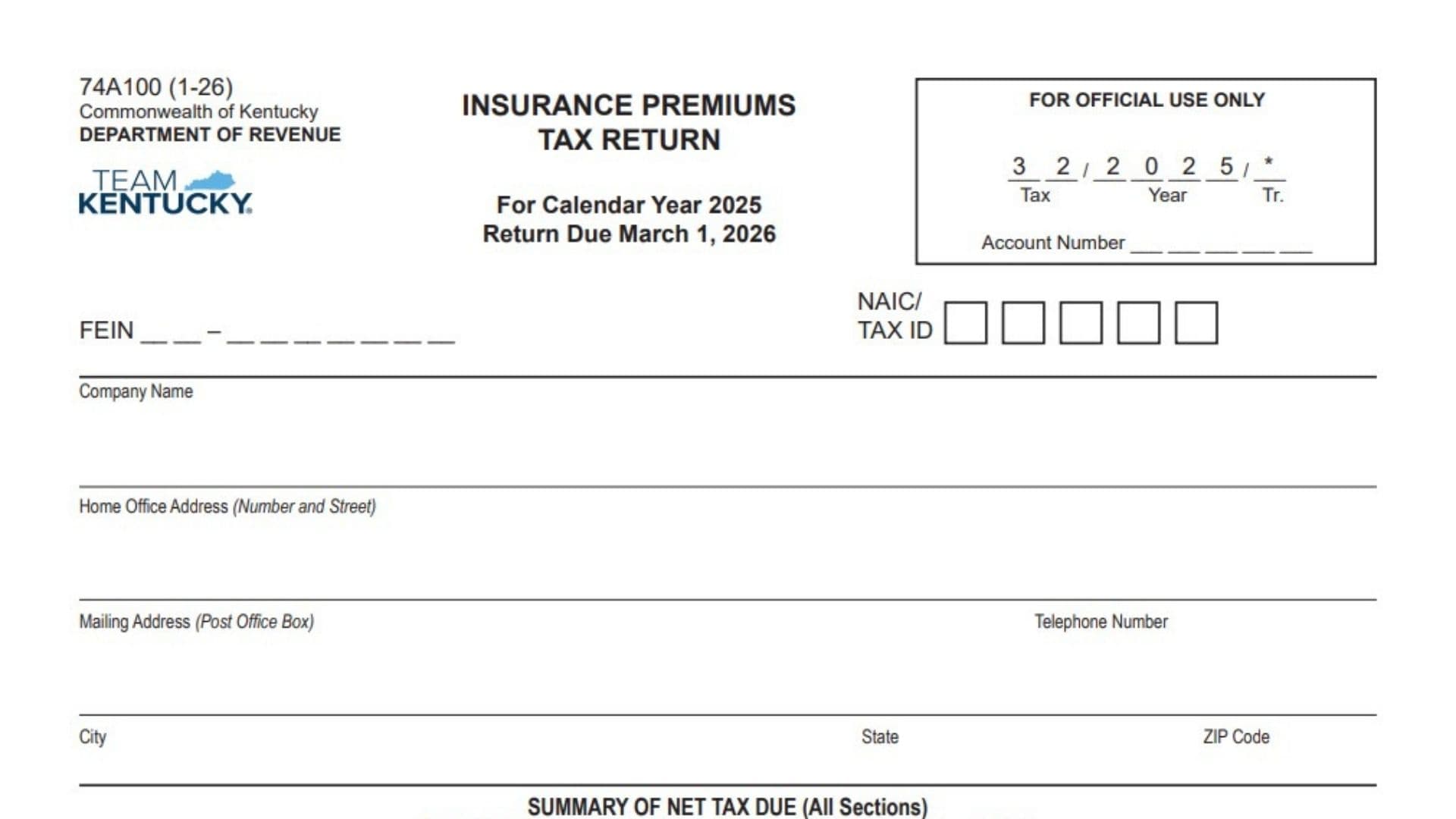 Kentucky Insurance Premiums Tax Return Form 74A100 1 Kentucky Insurance Premiums Tax Return Form 74A100