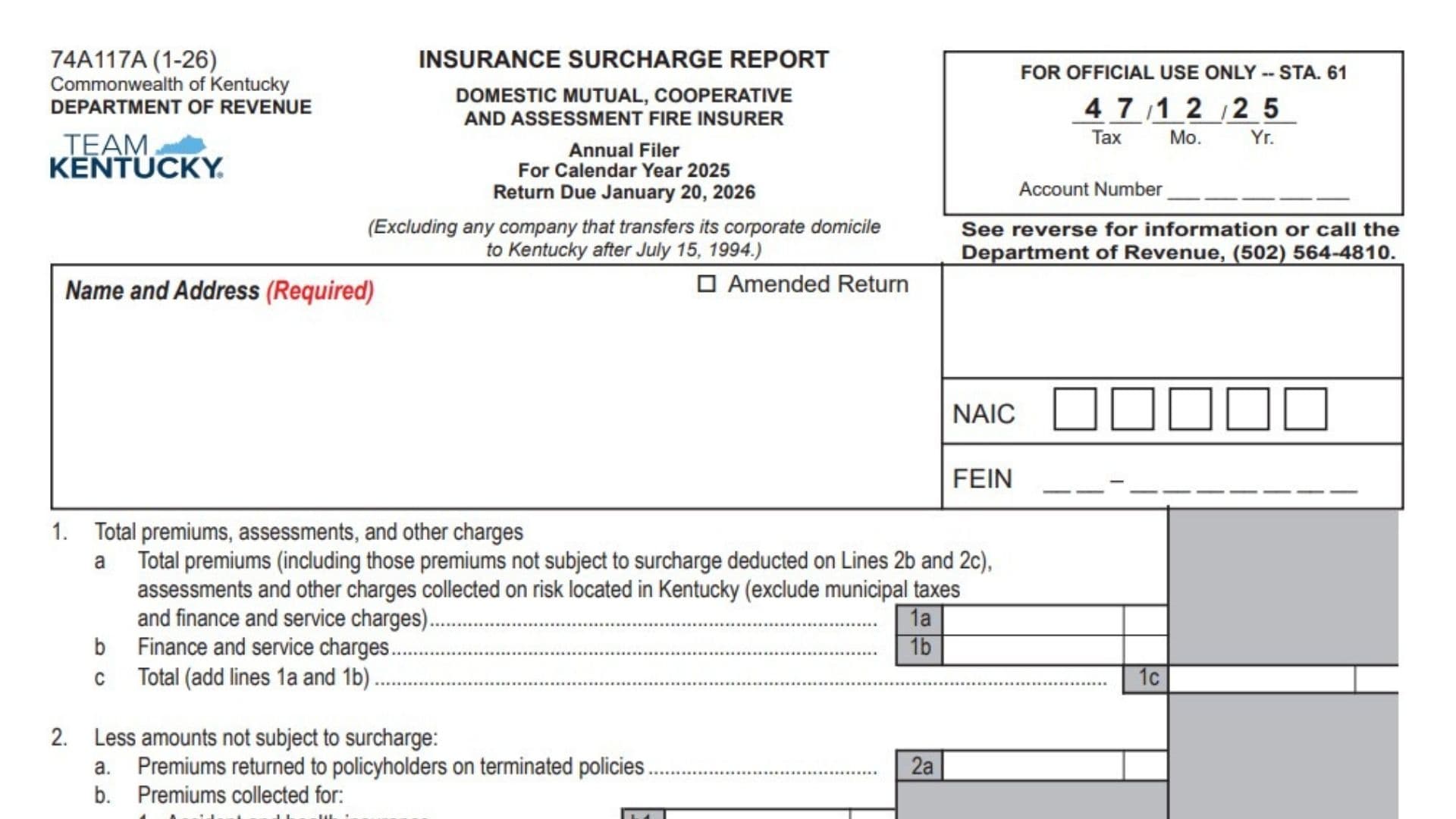 Kentucky Insurance Surcharge Report Form 74A117A