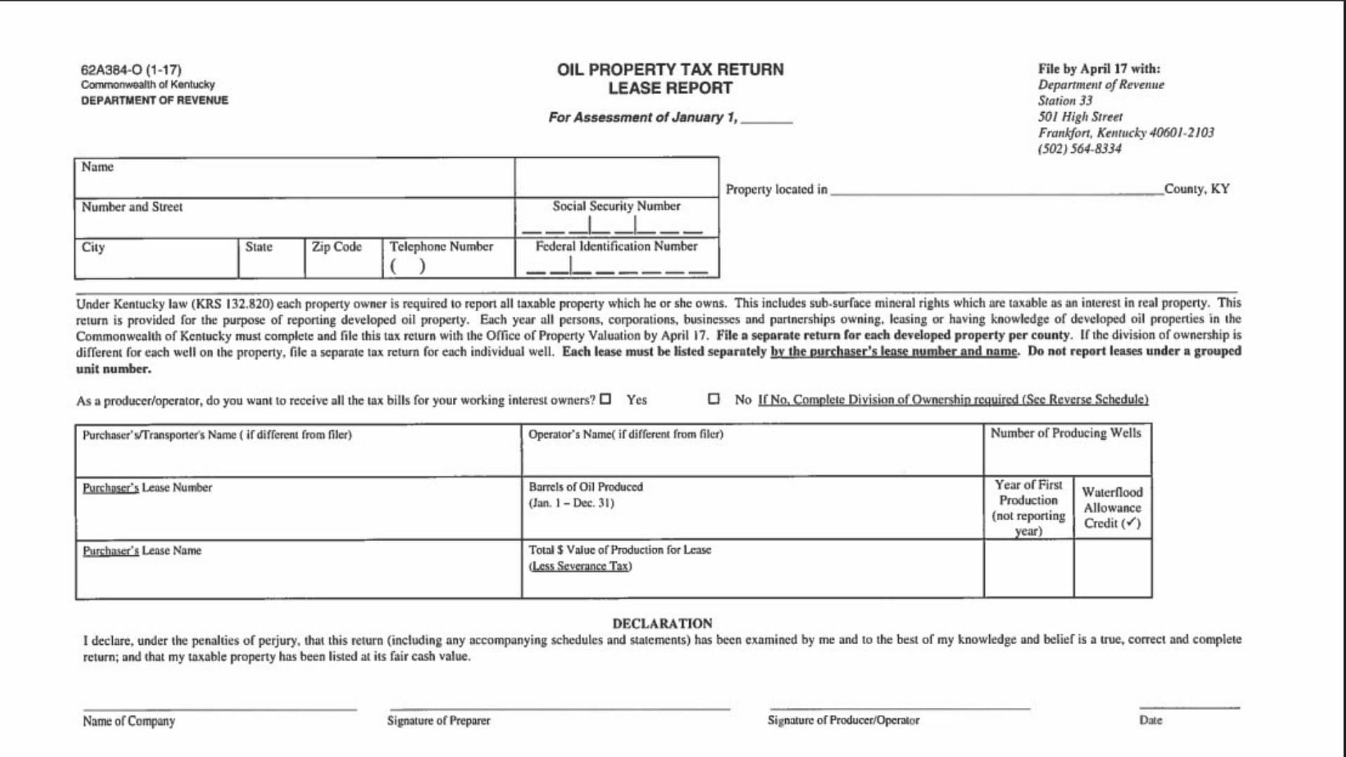 Kentucky Oil Property Tax Return Form 62A384-O