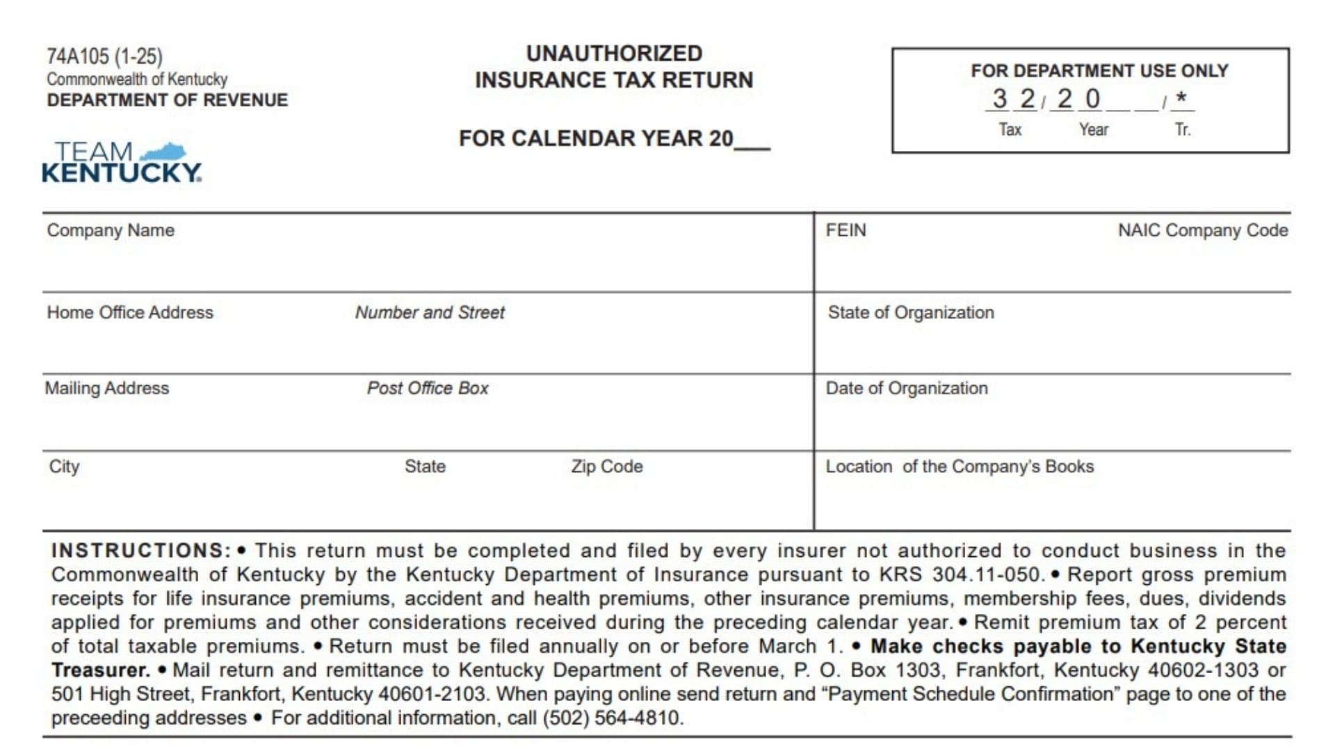 Kentucky Unauthorized Insurance Tax Return 74A105