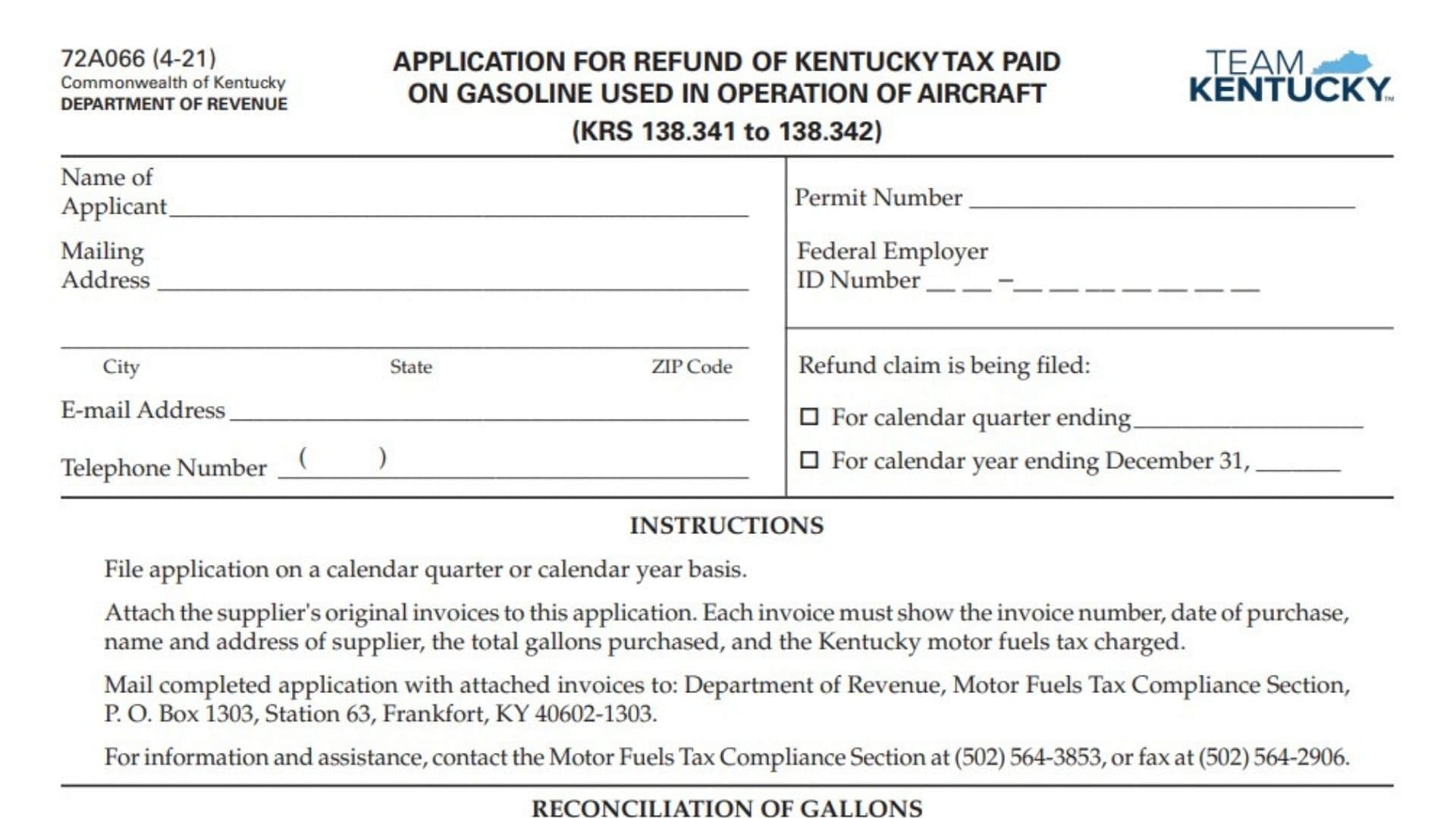 Kentucky Form 72A066 1 Kentucky Form 72A066
