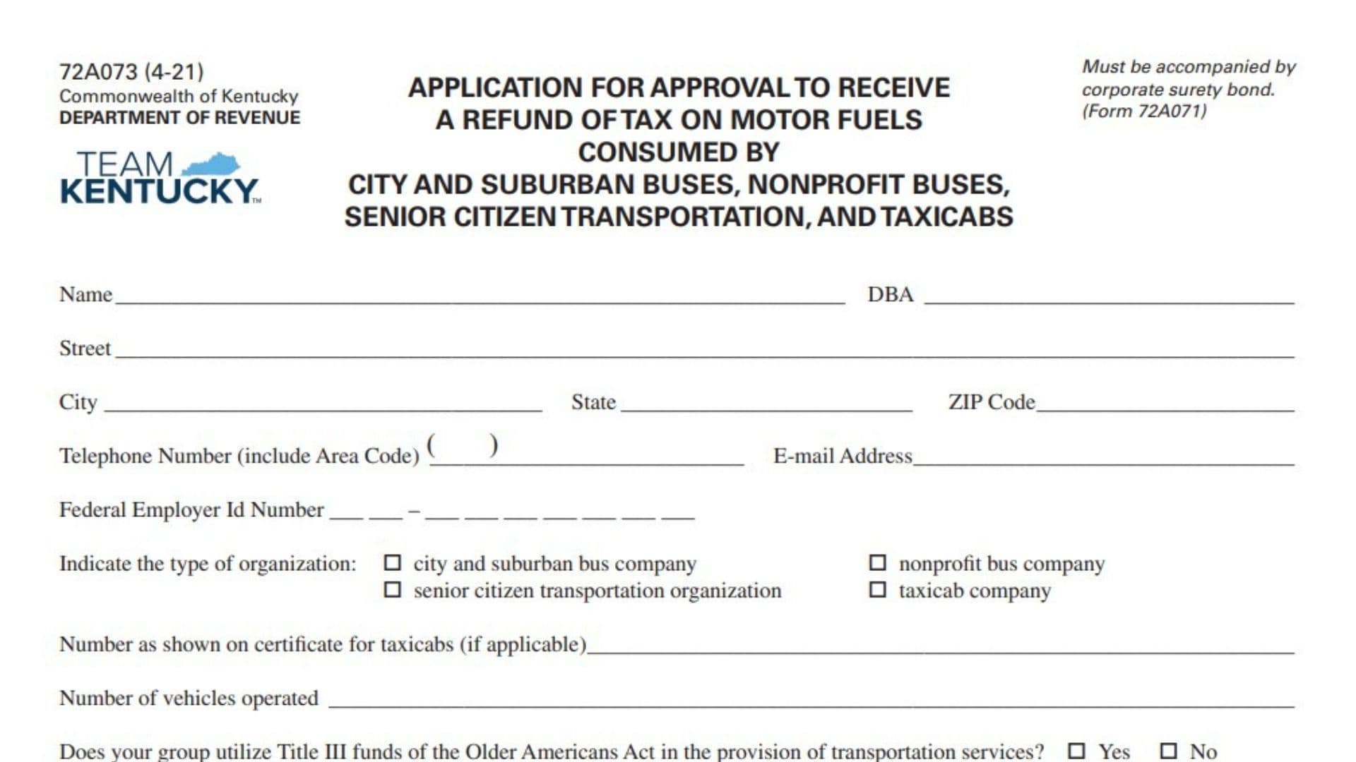 Kentucky Form 72A073 1 Kentucky Form 72A073
