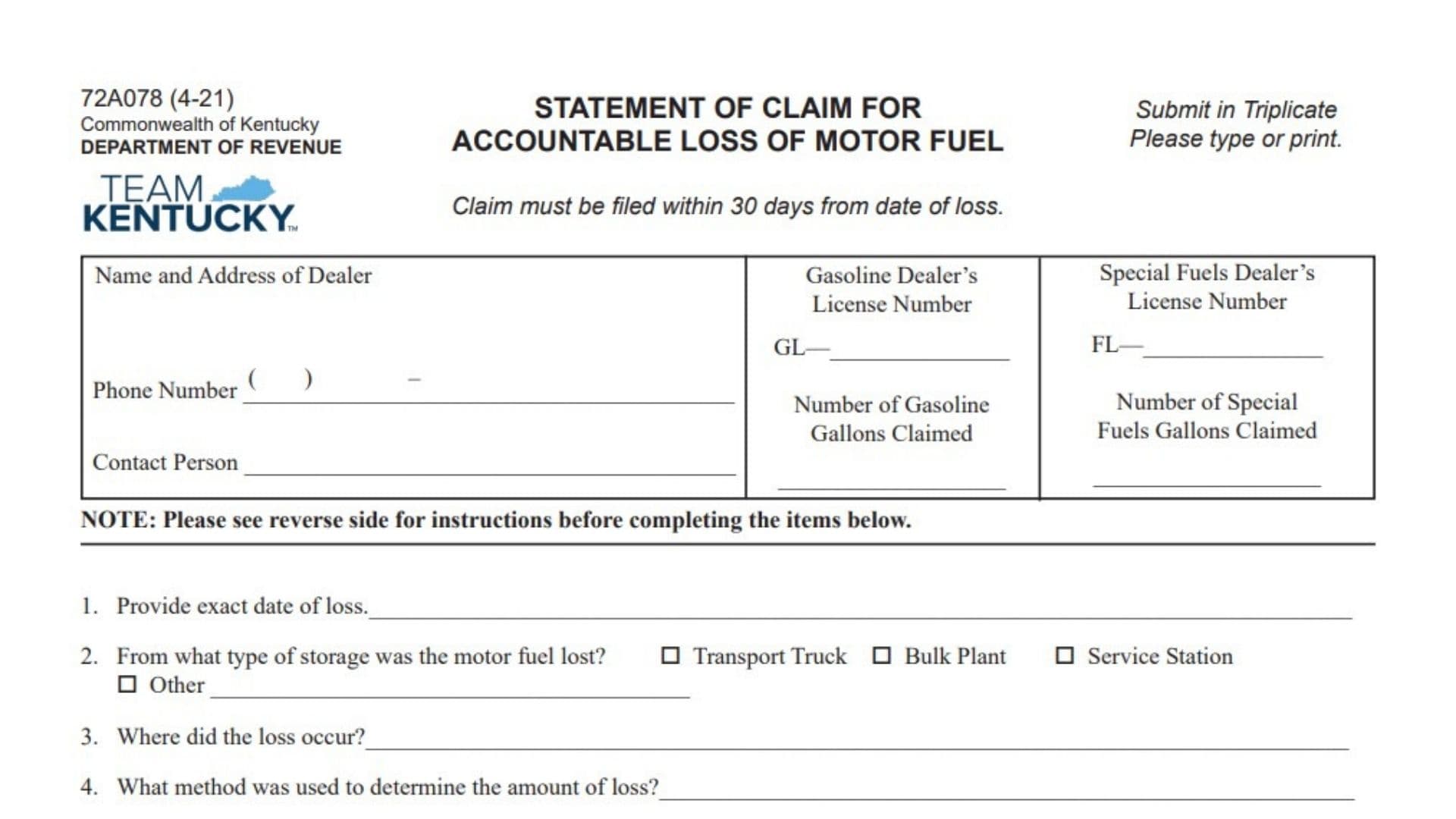 Kentucky Form 72A078 1 Kentucky Form 72A078