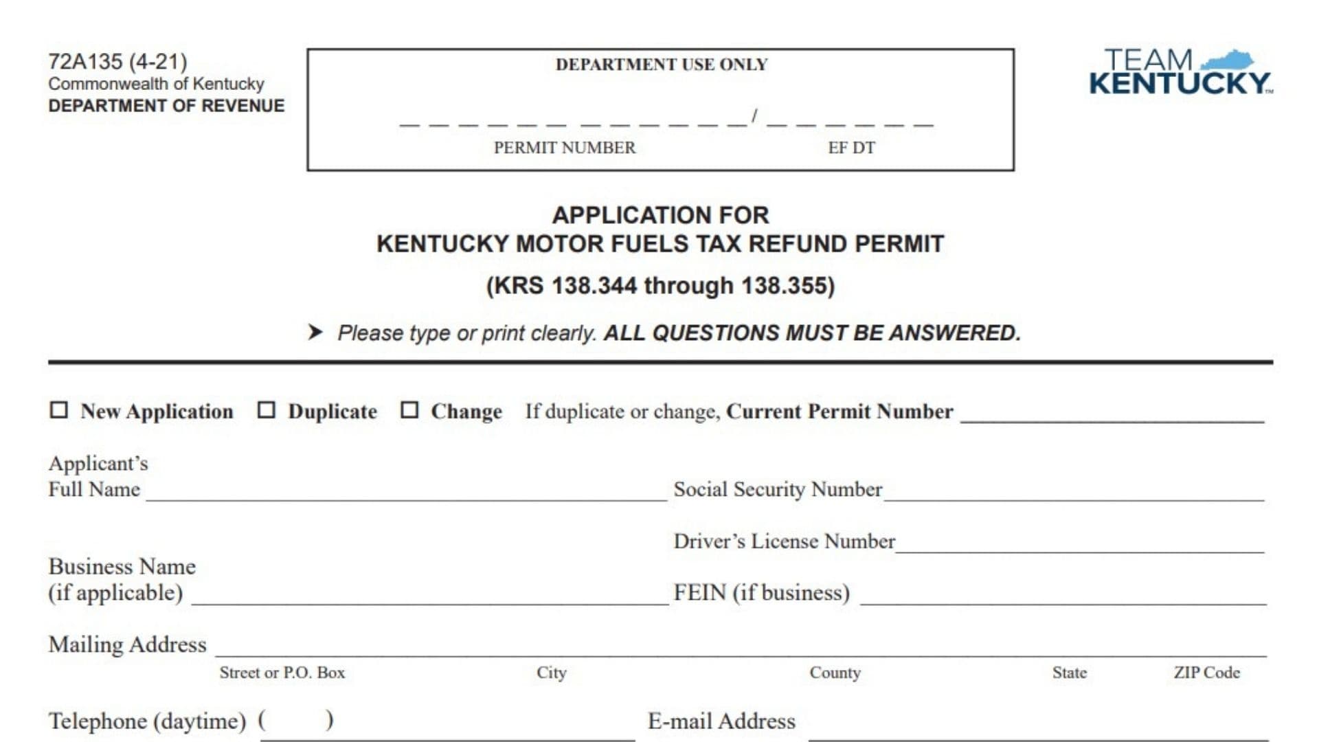 Kentucky Form 72A135