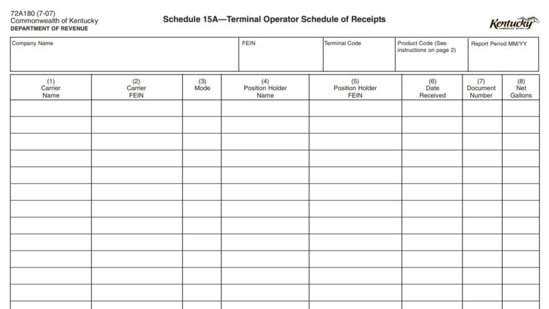 Kentucky Form 72A180 Schedule 15A