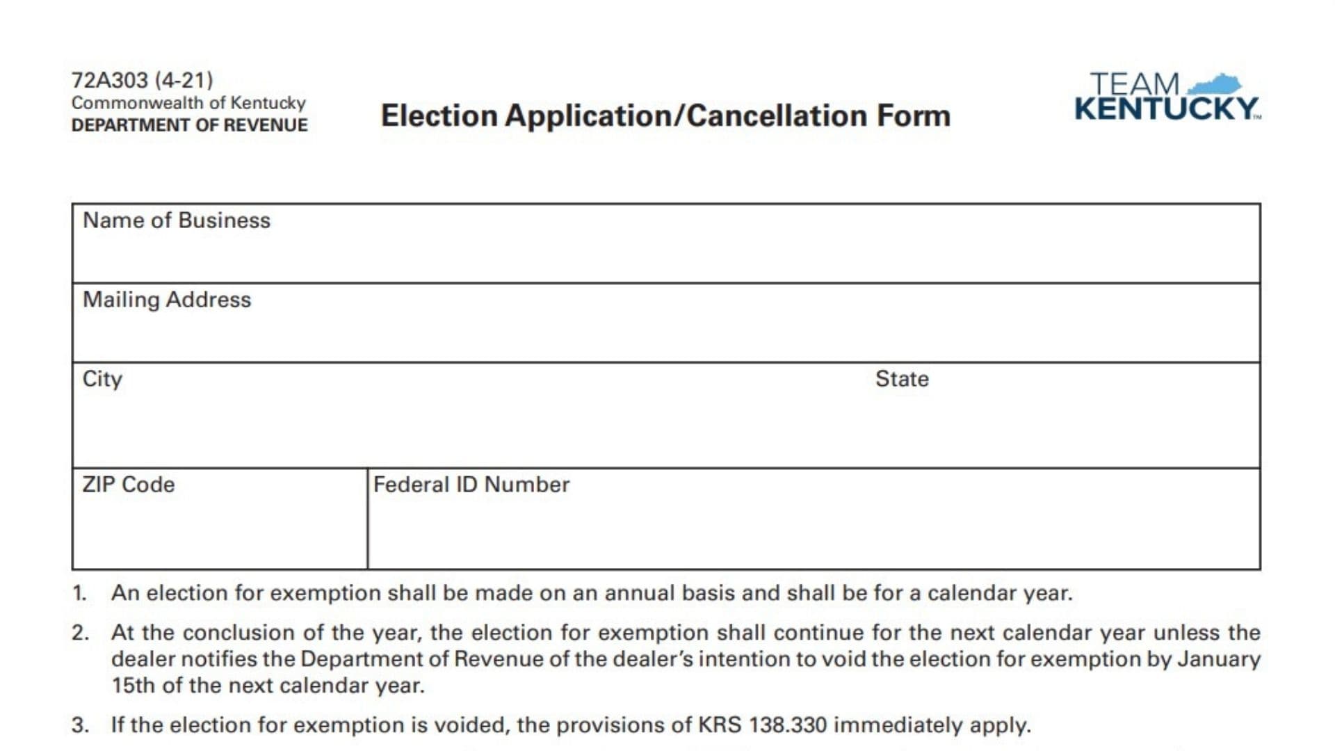 Kentucky Form 72A303