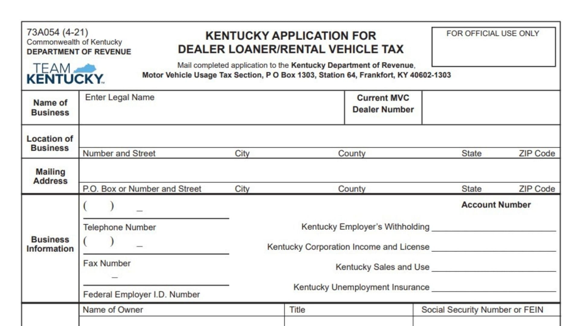 Kentucky Form 73A054