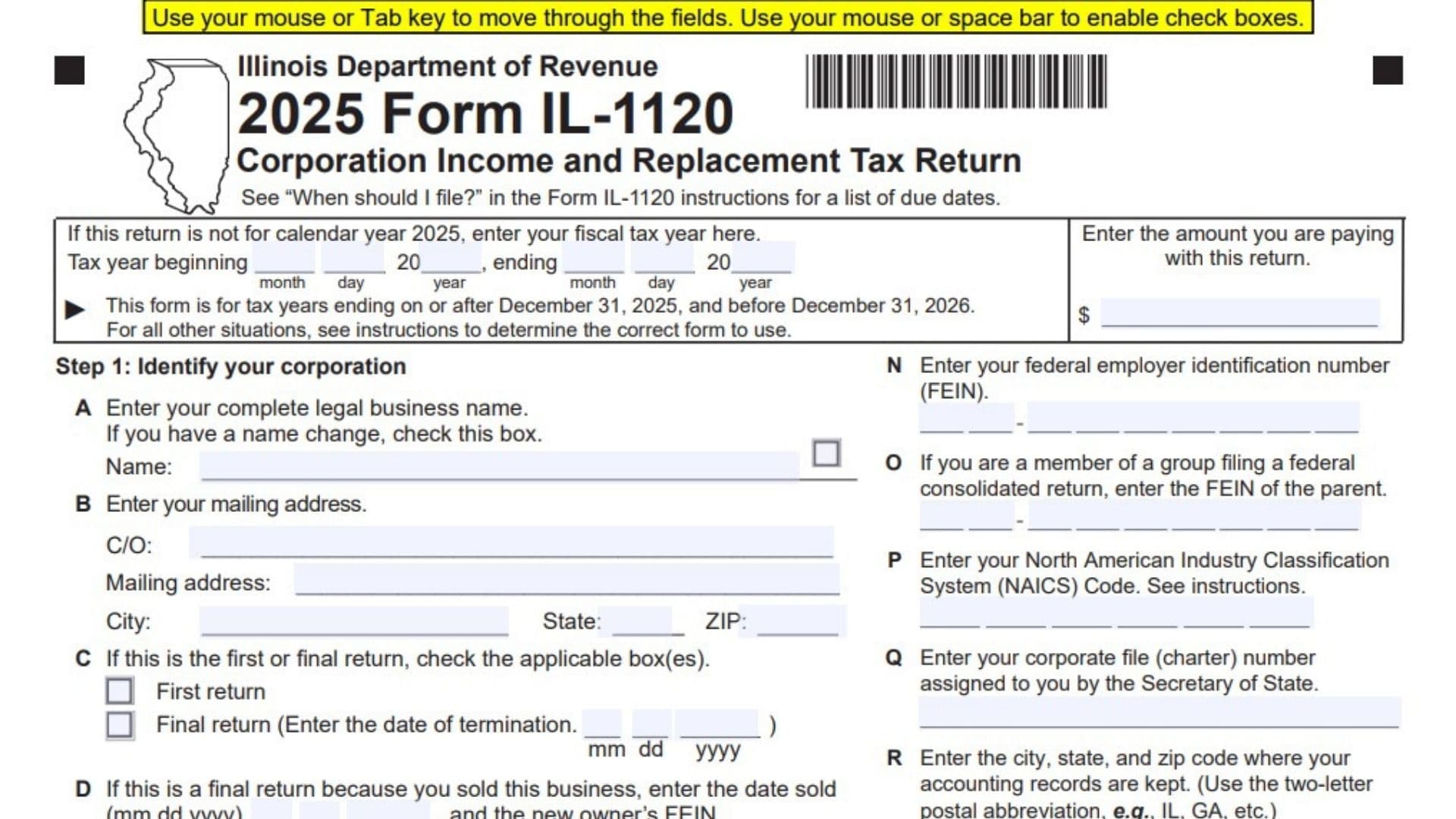 Illinois Form IL-1120 1 Illinois Form IL-1120