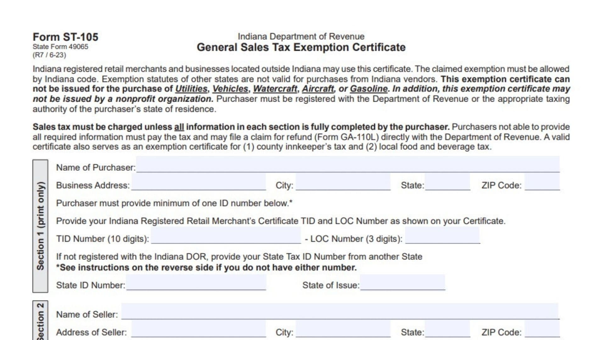 Indiana Form ST-105 1 Indiana Form ST-105