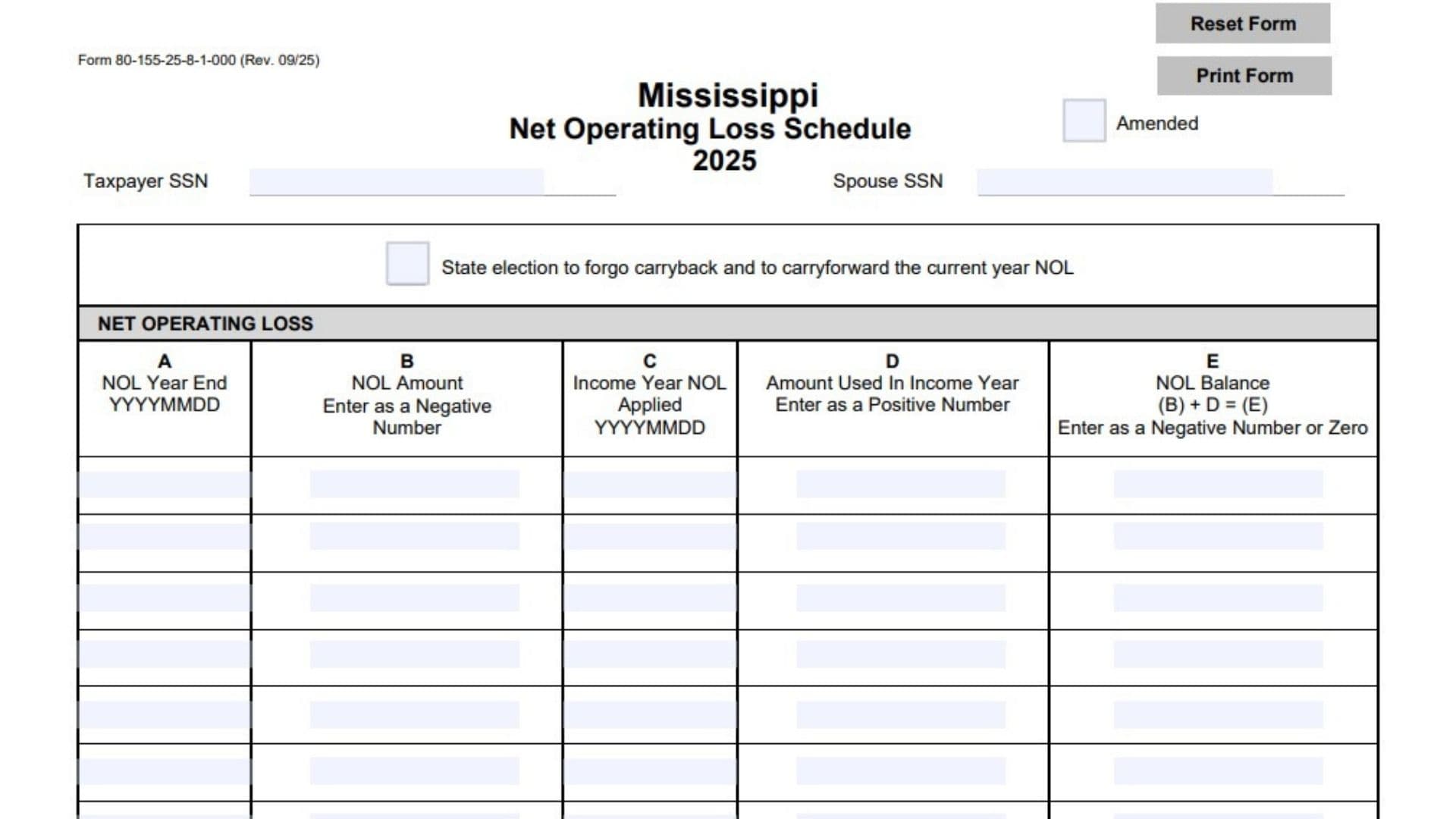 Mississippi Net Operating Loss Schedule 1 Mississippi Net Operating Loss Schedule