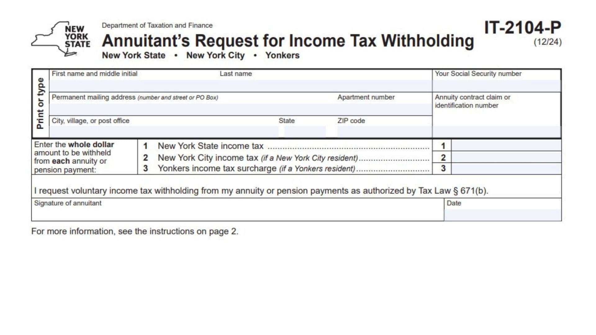 New York Form IT-2104-P 1 New York Form IT-2104-P
