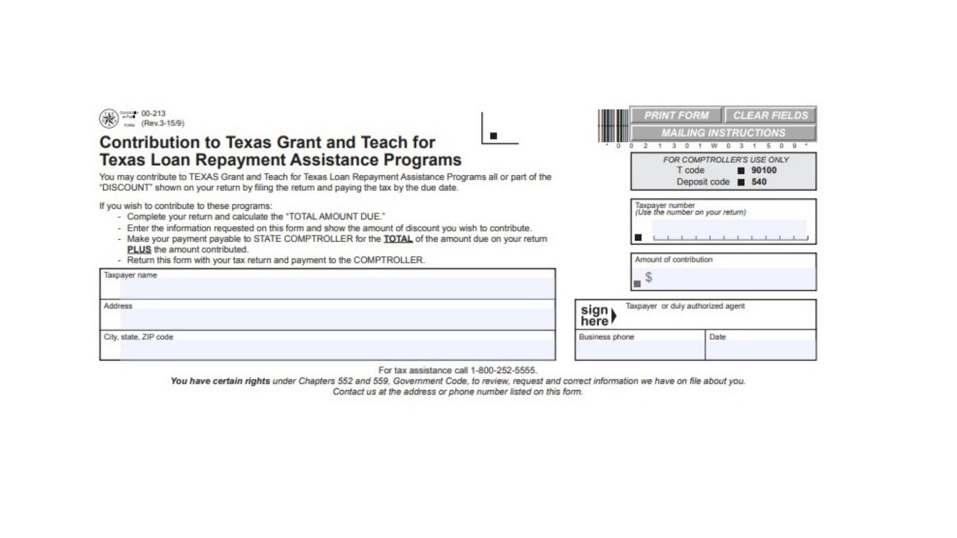 Texas Form 00-213 1 Texas Form 00-213
