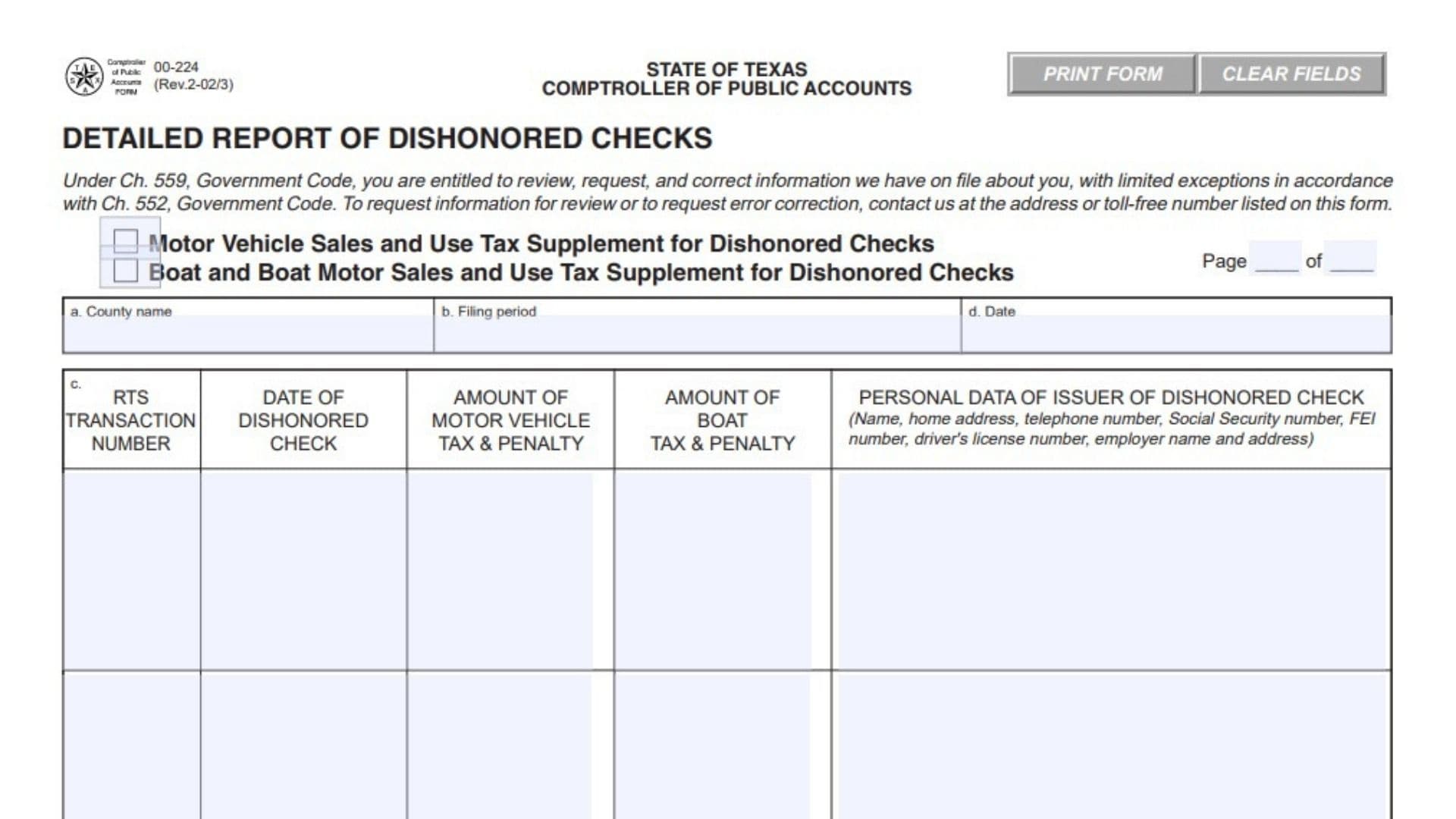 Texas Form 00-224 1 Texas Form 00-224