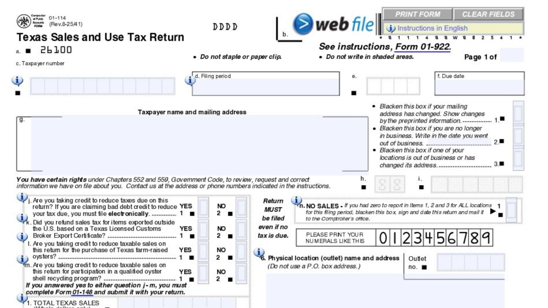 Texas Form 01 114