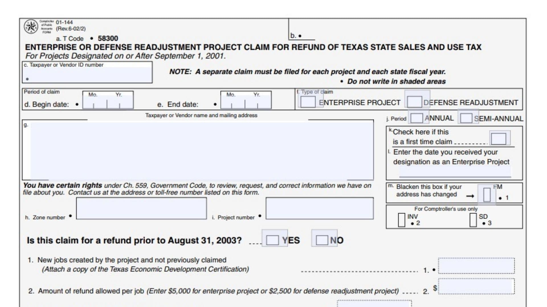 Texas Form 01-144 1 Texas Form 01-144